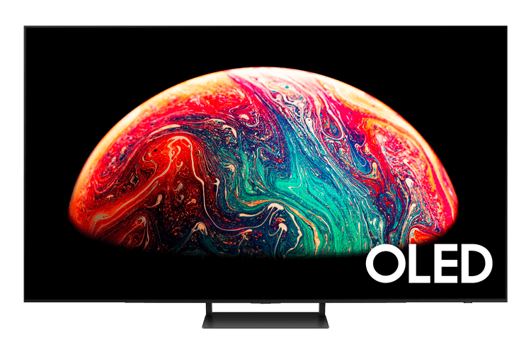 Imagem da TV S90C exibindo na tela um fundo preto no meio exibindo uma imagem da metade do planeta terra nas cores vermelho, azul e branco e no canto inferior direito exibindo o texto 'OLED'. Um dos pontos principais dessa TV é o Quantum HDR OLED que permita que você veja as cenas claras e escuras com mais detalhes