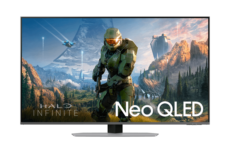 Imagem da TV QN90C exibindo na tela o jogo Halo Infinite e no canto inferior direito o texto 'Neo QLED'. Um dos pontos fortes dessa TV é o FreeSync Premium Pro que permite que você jogue liso, sem esforço