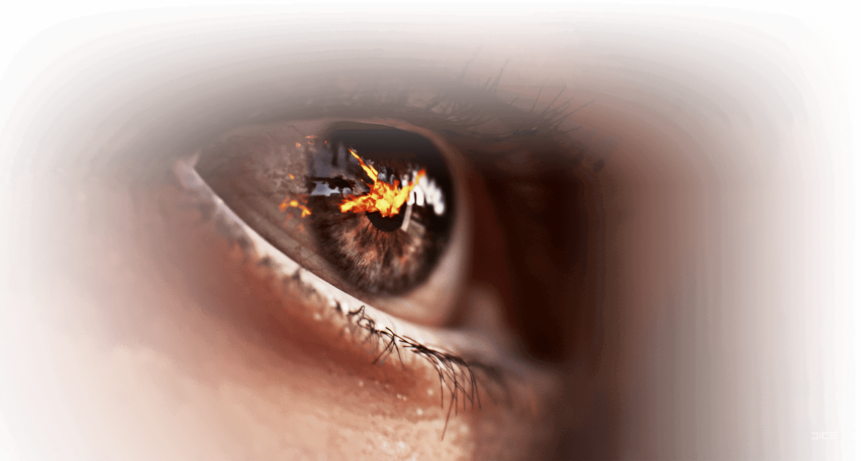 Olho em close com chamas sendo refletidas na íris, cena do jogo Battlefield V.