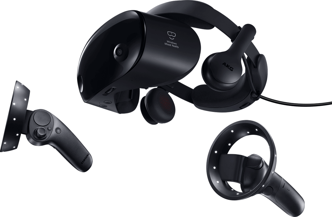 Imagem do Samsung HMD Odyssey+, um dispositivo de realidade mista que proporciona uma experiência de jogo realista quando usado em conjunto com o Notebook Odyssey 2.